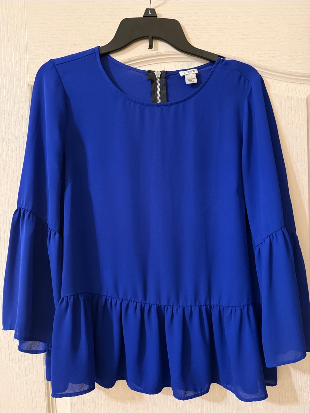 J. Crew Cobalt Blue Ruffle Hem Peplum Blouse with Zipper Back